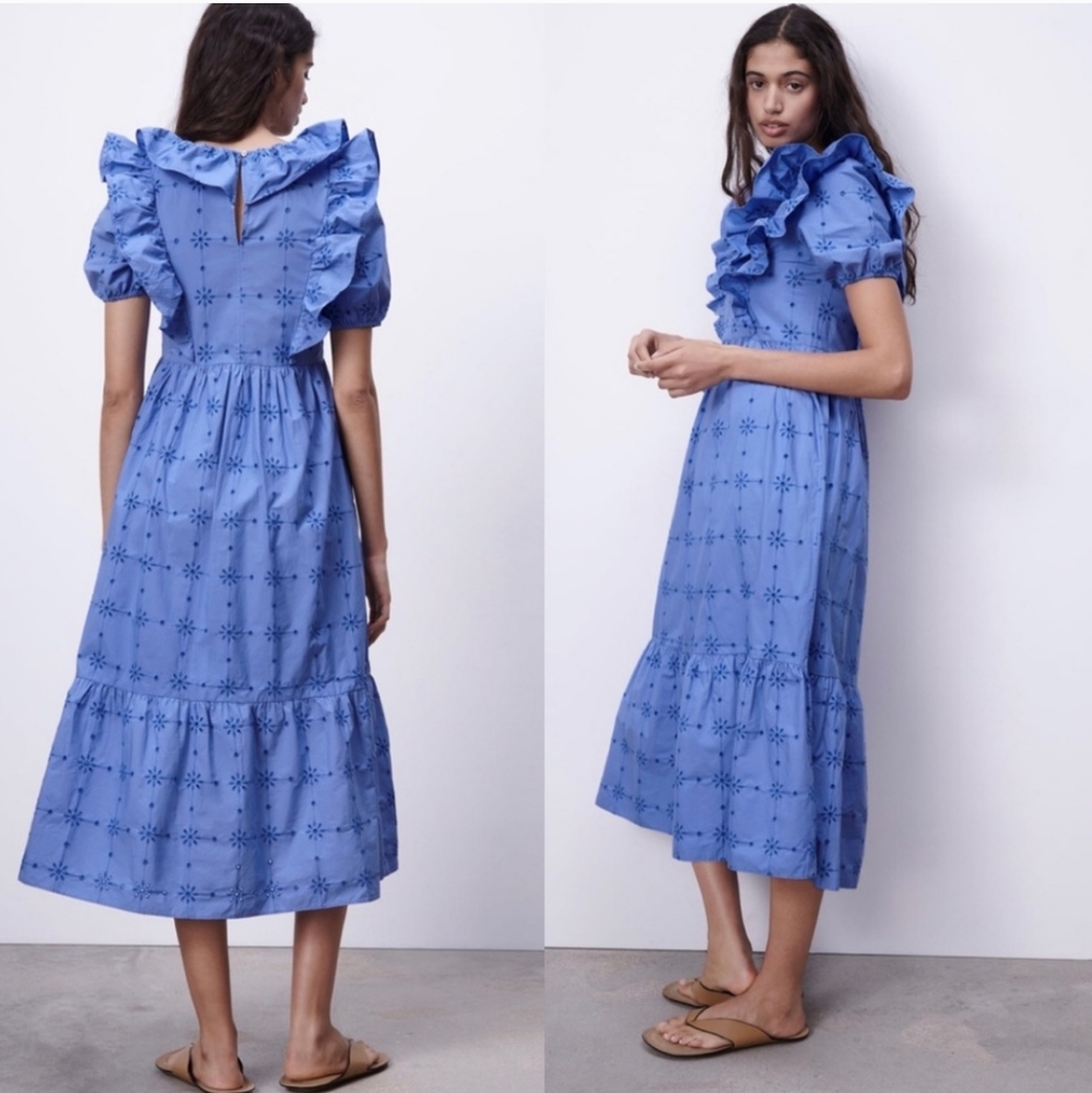 Zara * openwork embroidered dress boho flowy blue size xs - Picture 10 of 11